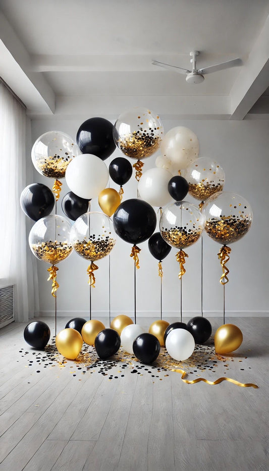 Clear with Confetti & Black Latex Helium Balloon Bunch with Floor Balloons - Perfect for any special occasions!