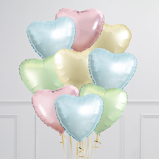 Bunch of Pastel Colors Blue, Yellow, Pink and Green of Heart-Shaped Foil Helium Balloons - Perfect for any Celebrations