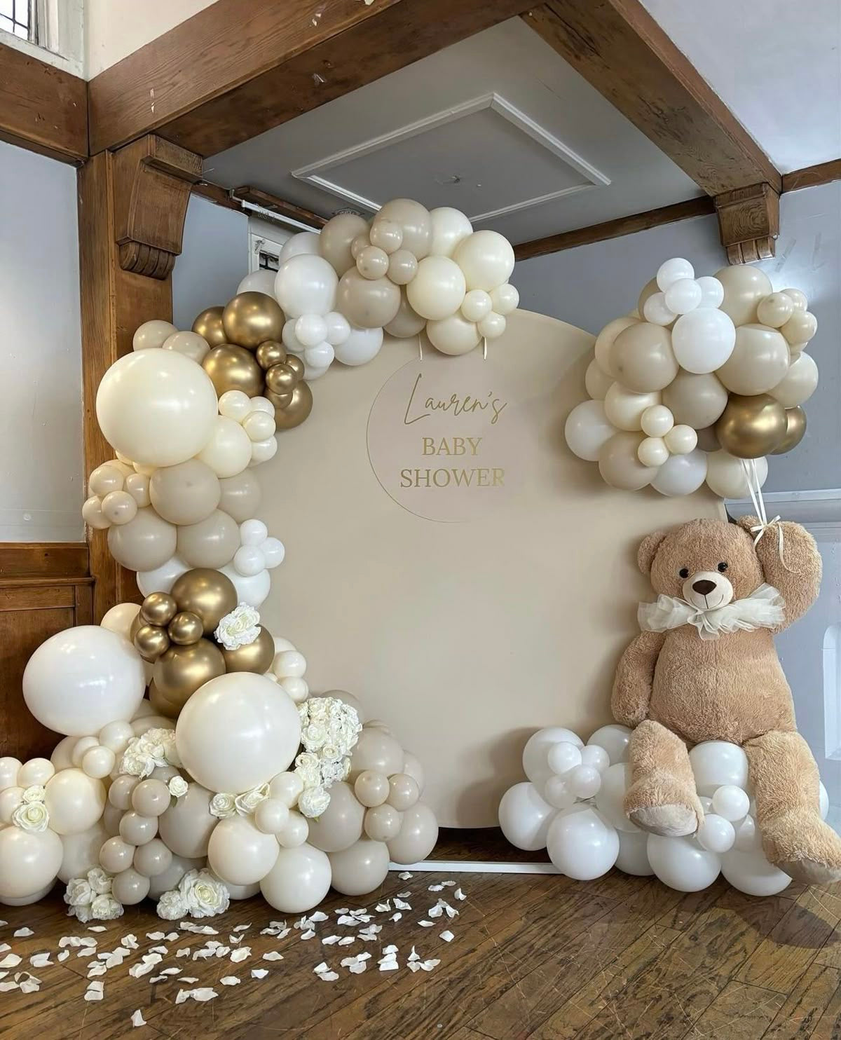Customizable Circle KT Board Backdrop with Balloon White, Sand White, Dust White, Light Gold with Teddy Bear Decor Setup - Perfect for special occasions