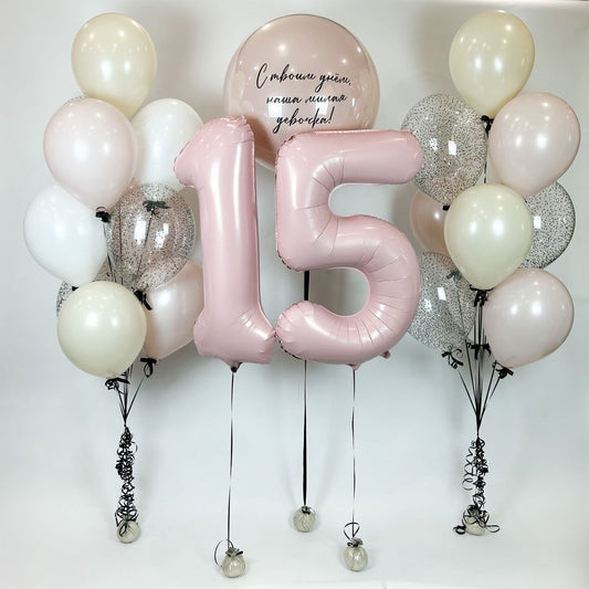 Personalised Helium Balloon Clear with Pink&Dust White&White Latex, ‘15’ Number Helium Balloons, Customizable Sticker and Black Tassels - Perfect for any Occasions