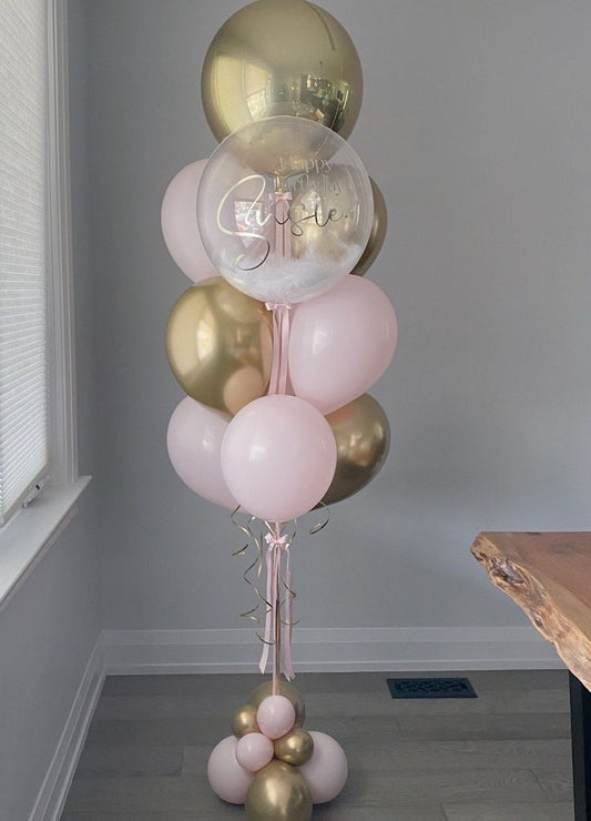 Personalised Helium Balloon Clear with Pink,White and Light Gold Latex, Orbs Helium Balloons, Customizable Sticker and Tassels - Perfect for any Occasions