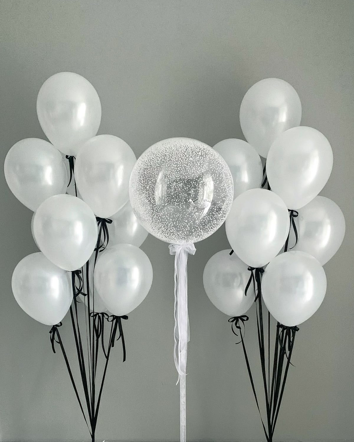 Personalised Helium Balloon Clear with White Foam with Pearl White Latex Heliums and White Tassels and Black Ribbons - Perfect for any Occasions