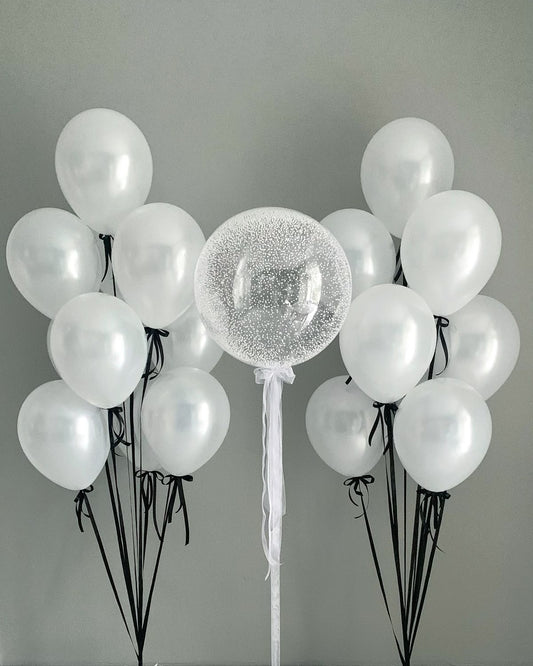 Personalised Helium Balloon Clear with White Foam with Pearl White Latex Heliums and White Tassels and Black Ribbons - Perfect for any Occasions