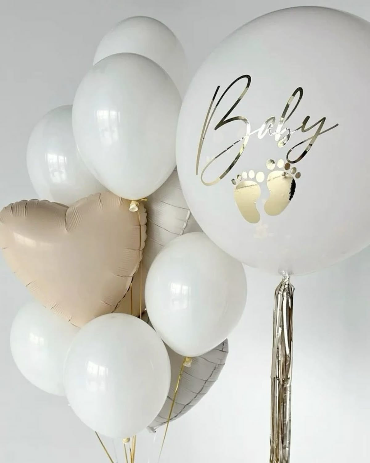 Personalised Helium Balloon Clear with Double Layered White Latex, Beige Heart-Shaped Heliums, Customizable Sticker and Ribbons - Perfect for any Occasions