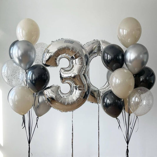 Personalised Helium Balloon Clear with Double Layered Silver, Black, Dust White and Clear with Confetti Latex, ‘30’ Number Helium Balloons, and Tassels - Perfect for any Occasions