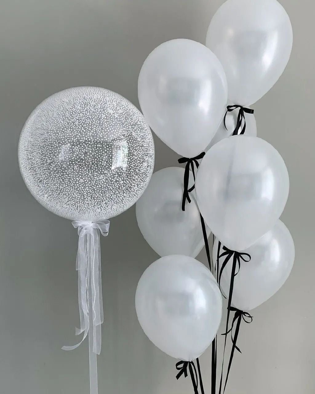 Personalised Helium Balloon Clear with White Latex with White Foam Heliums and White Tassels and Black Ribbons - Perfect for any Occasions