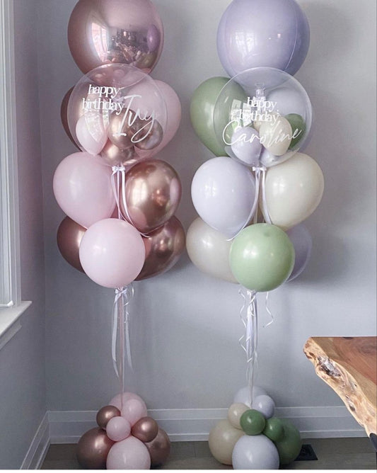 Personalised Helium Balloon Clear with Green, Purple, Pink and Rose Gold Latex Heliums, Orbs Helium Balloons, Customizable Sticker and Tassels - Perfect for any Occasions