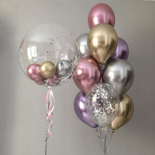 Personalised Helium Balloon Clear with Chrome Purple and Pink, Silver and Light Gold Latex Heliums and Ribbons - Perfect for any Occasions