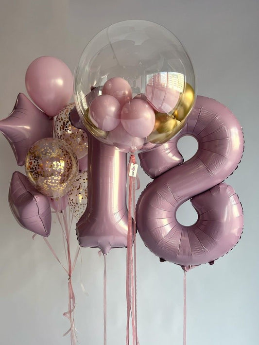 Personalised Helium Balloon Clear with Pink, Gold and Clear with Confetti Latex, ‘18’ Number Helium Balloons, Star-Shaped Foil and Ribbons - Perfect for any Occasions