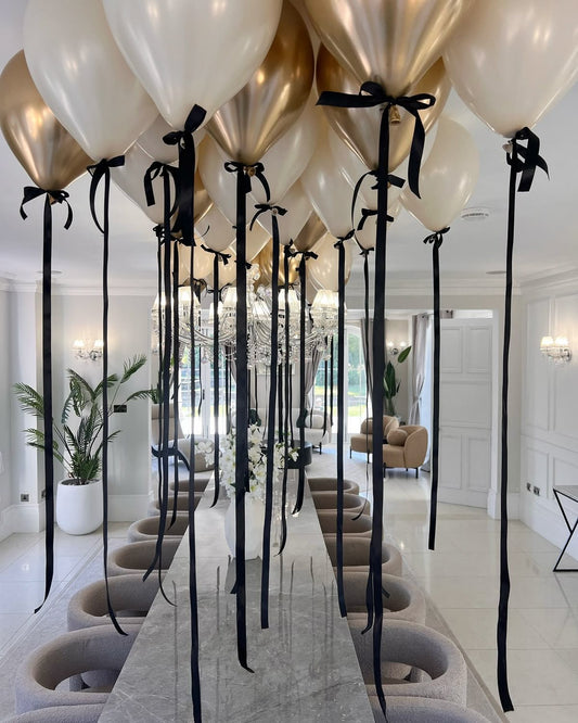 Ceiling Helium Latex Balloon White and Light Gold with Black Ribbons - Perfect for any special occasions!