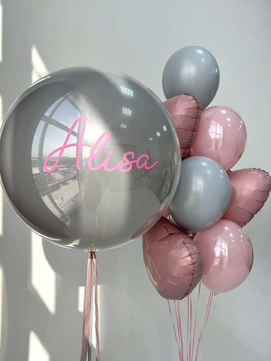 Personalised Helium Balloon Clear with Blue and Pink Latex, Heart-Shaped Foil and Ribbons - Perfect for any Occasions