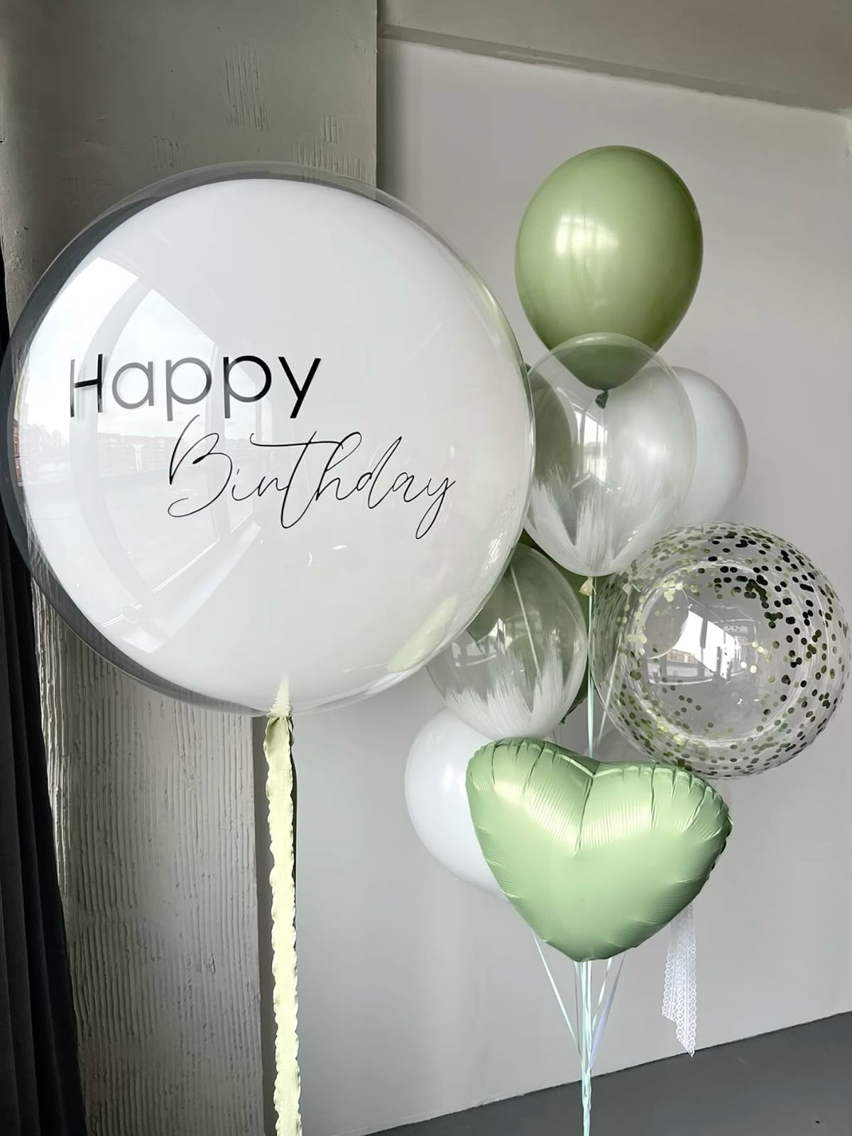 Personalised Helium Balloon Clear with Green, Clear with Feather and Clear with Confetti Latex, Heart-Shaped Foil and Ribbons - Perfect for any Occasions
