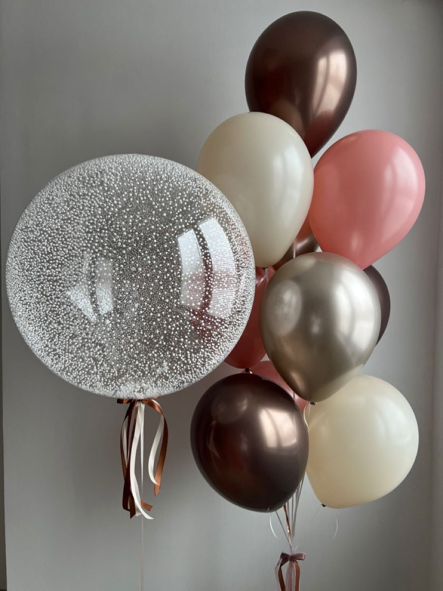 Personalised Helium Balloon Clear with White Foam and Beige, Brown, Silver and Pink Latex and Ribbons - Perfect for any Occasions