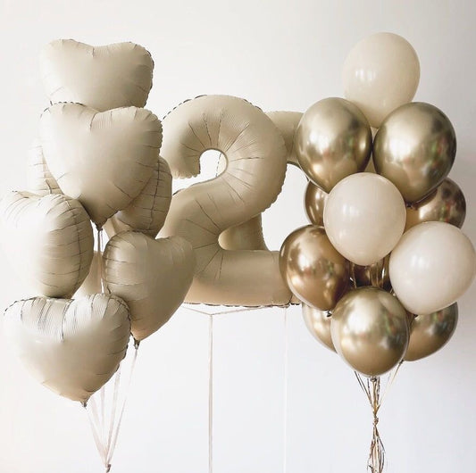Personalised Helium Balloon Beige and Light Gold Latex Bunch, Heart-Shaped Foil Bunch, ‘20’ Number Helium Balloons and Tassels - Perfect for any Occasions