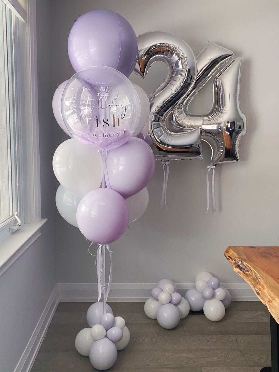 Personalised Helium Balloon Clear with White and Purple Latex, Orbs, Silver ‘24’ Number Helium Balloons and Ribbons - Perfect for any Occasions