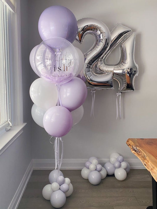 Personalised Helium Balloon Clear with White and Purple Latex, Orbs, Silver ‘24’ Number Helium Balloons and Ribbons - Perfect for any Occasions