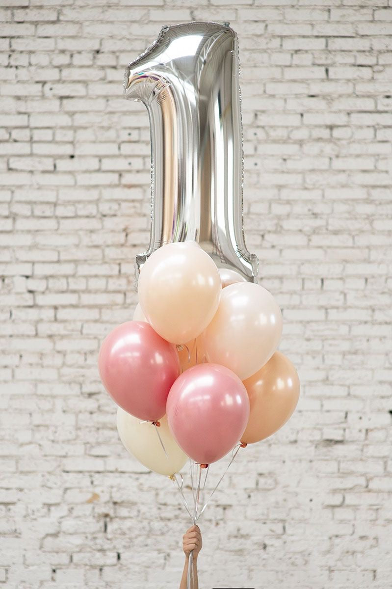 Personalised Helium Balloon Silver ‘1’ Number Helium Balloons with Double Layered Beige, White and Pink Latex Bunch and Silver Strings - Perfect for any Occasions