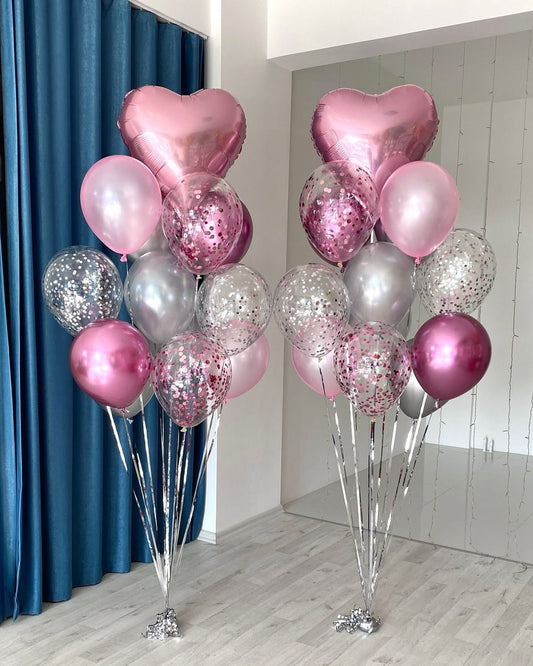 Bunch of Clear with Confetti, Pink and Chrome Pink Latex with Heart-Shaped Foil Helium Balloons - Perfect for any occasions