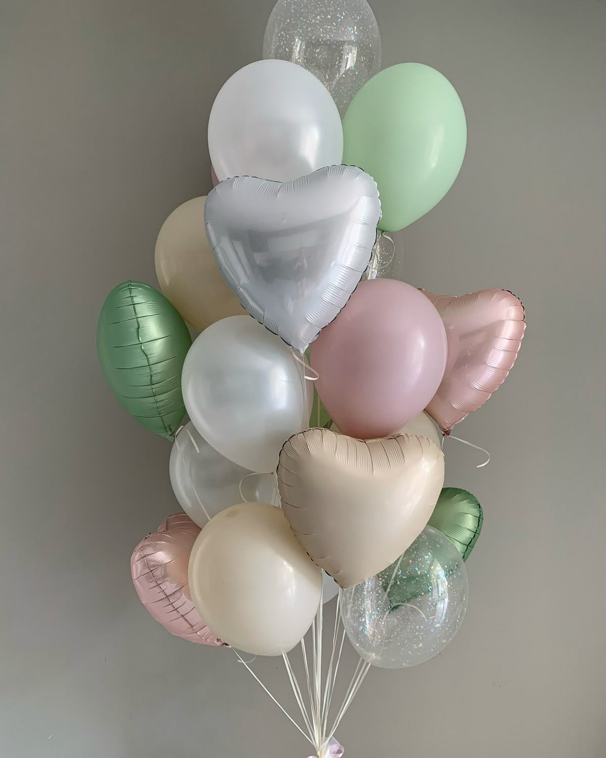 Bunch of White, Silver, Clear, Pink and Green Latex and Heart-Shaped Foil Helium Balloons - Perfect for any occasions