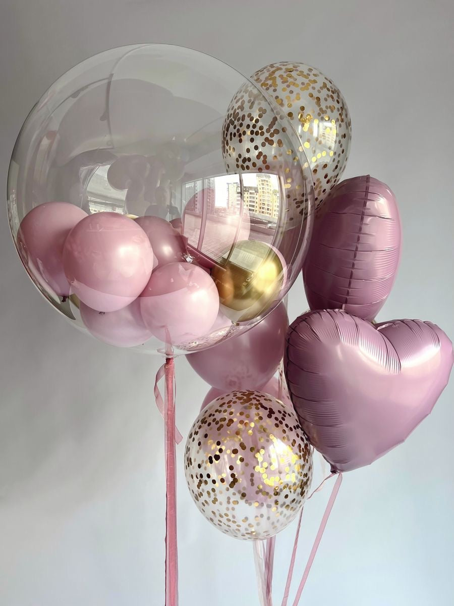 Personalised Helium Balloon Clear with Pink, Clear with Confetti and Gold Latex, Heart-Shaped Foil and Ribbons - Perfect for any Occasions