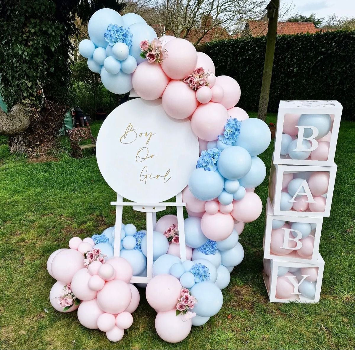 Mini Chain Balloon Blue and Pink with Customizable Circle KT Board with Stand, Flowers and BABY Box with Mini Balloons - Perfect for any Special Occasions