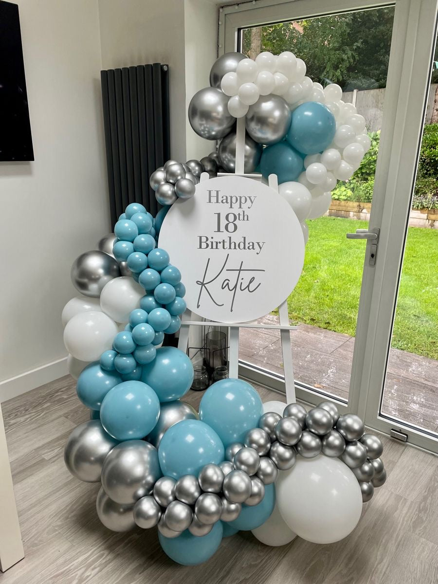 Mini Chain Balloon Silver, White and Blue with Customizable Circle KT Board with Stand - Perfect for any Special Occasions