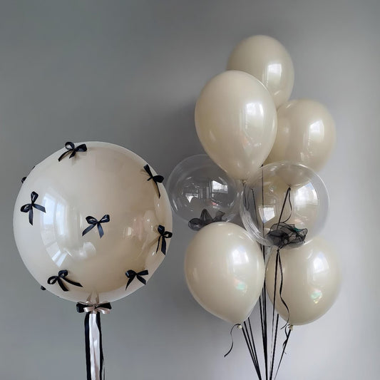 Personalised Helium Balloon Clear with Double Layered Sand White and Clear Latex and Black Ribbons - Perfect for any Occasions