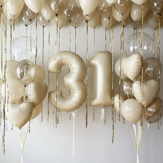 Personalised Helium Balloon Beige Ceiling and Bunch Latex, ‘31’ Numbers, Heart-Shaped and Tassels and Ribbons - Perfect for any Occasions