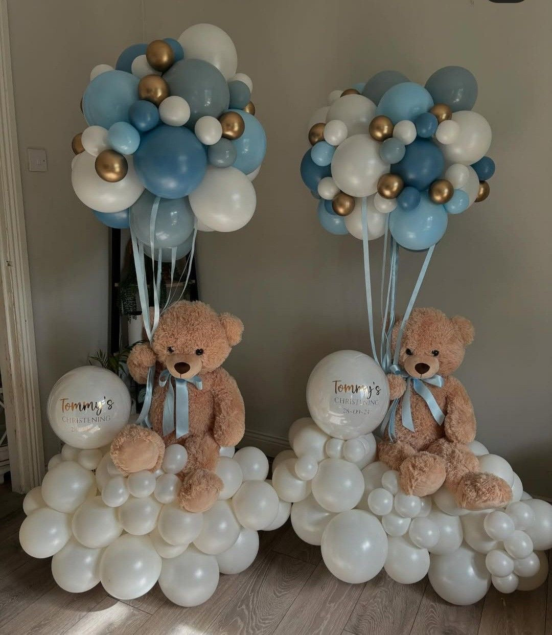 Teddy Bear with Balloon Blue, White and Gold and Personalised Stickers Hospital Setup - Baby Shower, Birthday Perfect for any special occasion