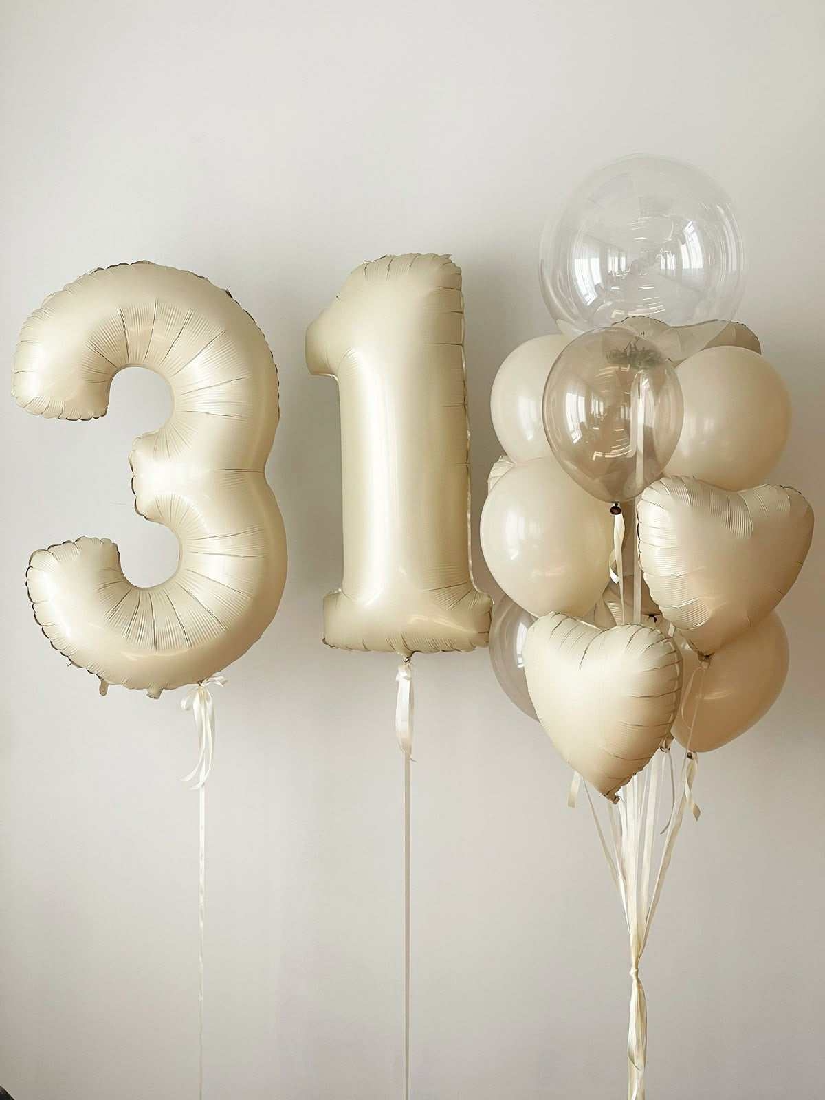 Personalised Beige Helium Balloon Clear&Latex&Heart-Shaped Foil Bunch, ‘31’ Number Helium Balloons and White Ribbons - Perfect for any Occasions