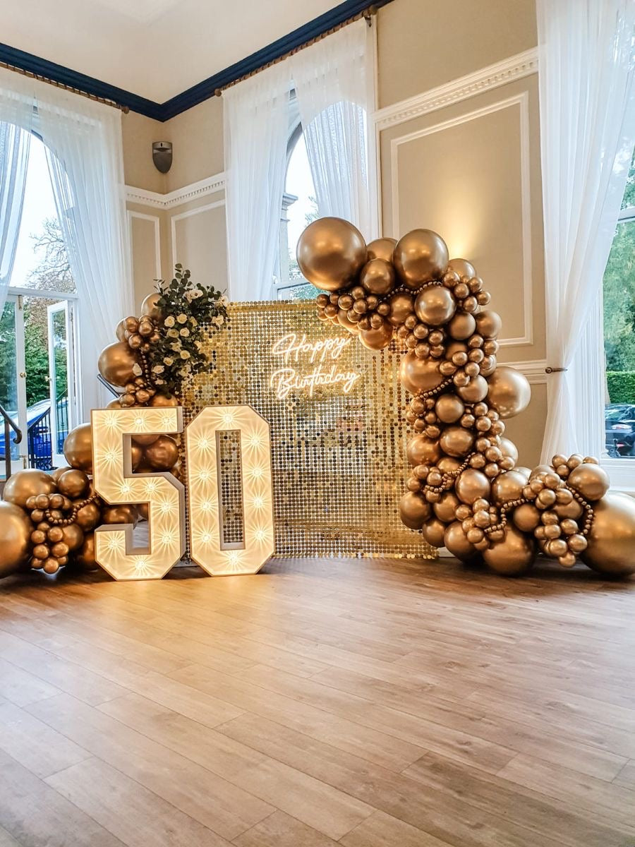 Gold Shimmer Wall Setup with Balloon Light Gold Display and LED Marquee ‘50’ Numbers and LED Acrylic ‘Happy Birthday’ Lights- Perfect for any Celebration