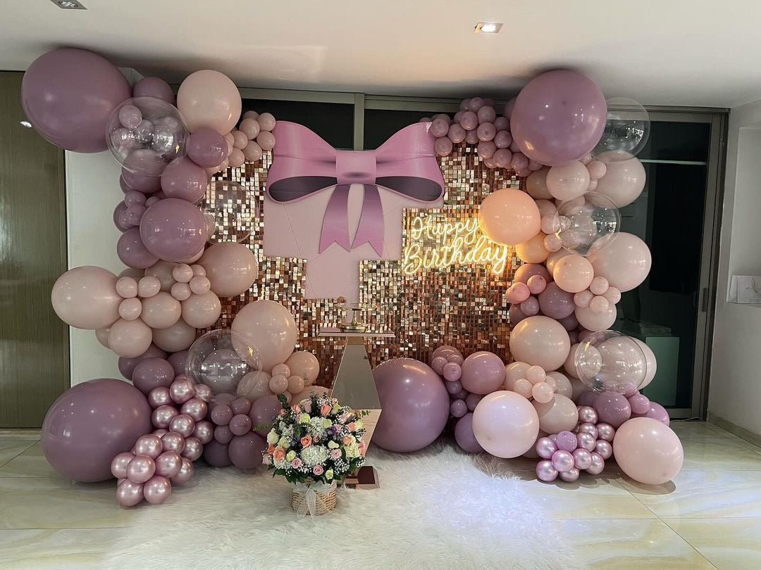 Rose Gold Shimmer Wall Setup with Balloon Pink, Purple Decor, LED Acrylic ‘Happy Birthday’ Lights and Customizable KT Board - Perfect for any Celebration