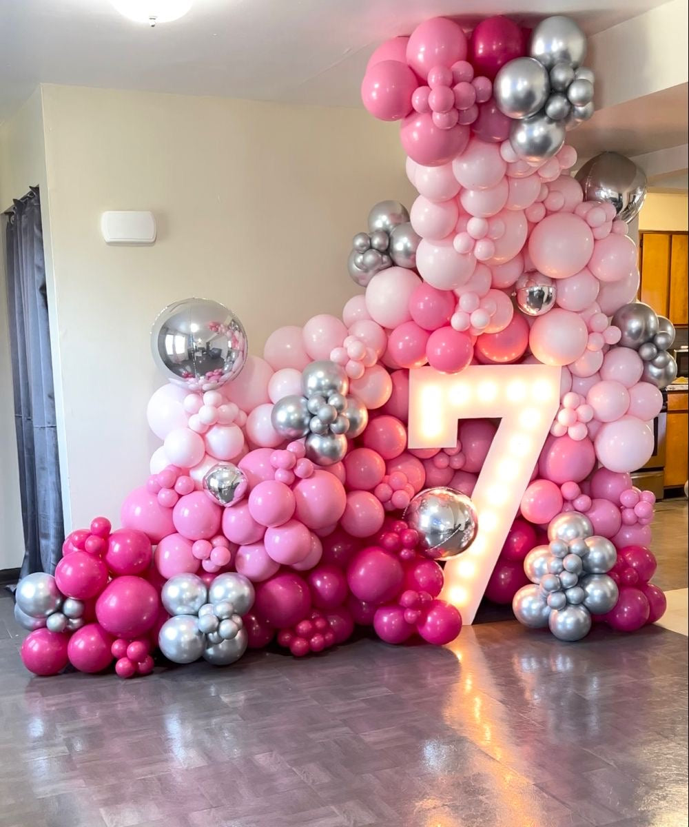 Balloon Different Shade of Pink with Silver and LED Marquee ‘7’ Number Decor Setup - Perfect for special occasions