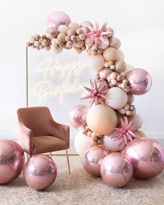 Balloon Pink and Beige with Orbs and Star Foil Accents Decor and LED Acrylic ‘Happy Birthday’ LightsSetup - Perfect for special occasions
