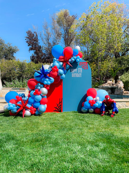 Customizable KT Board Backdrop with Balloon Red and Blue with Star Accents Decor and Self Standing Spiderman Setup Spiderman-Themed - Perfect for special occasions