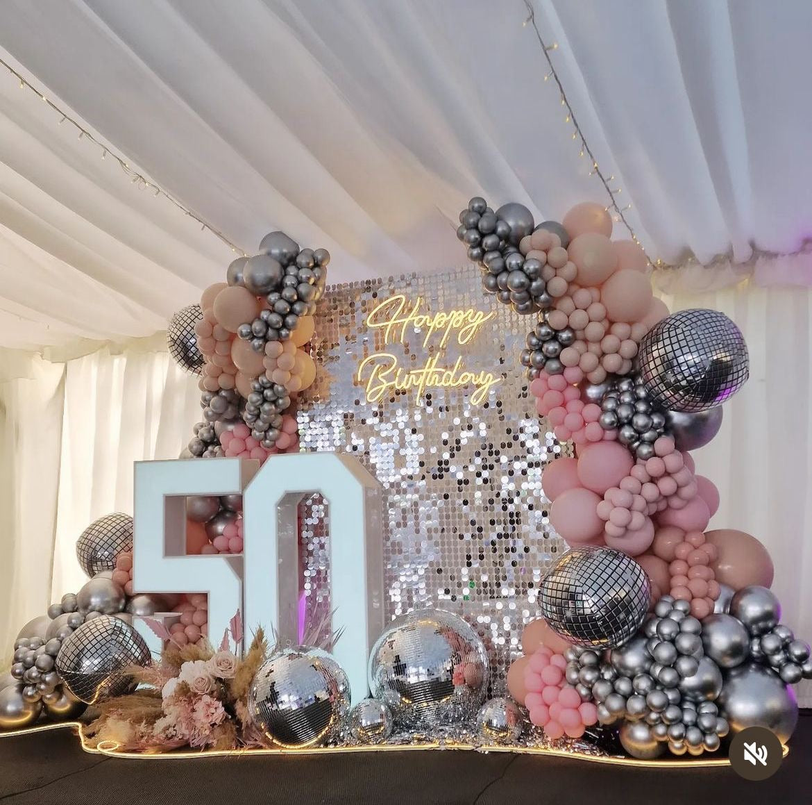 Silver Shimmer Wall Setup with Balloon Silver, Pink and Beige with Disco Ball Foil Accents Display and LED Numbers and LED Acrylic ‘Happy Birthday’ Lights - Perfect for any Celebration