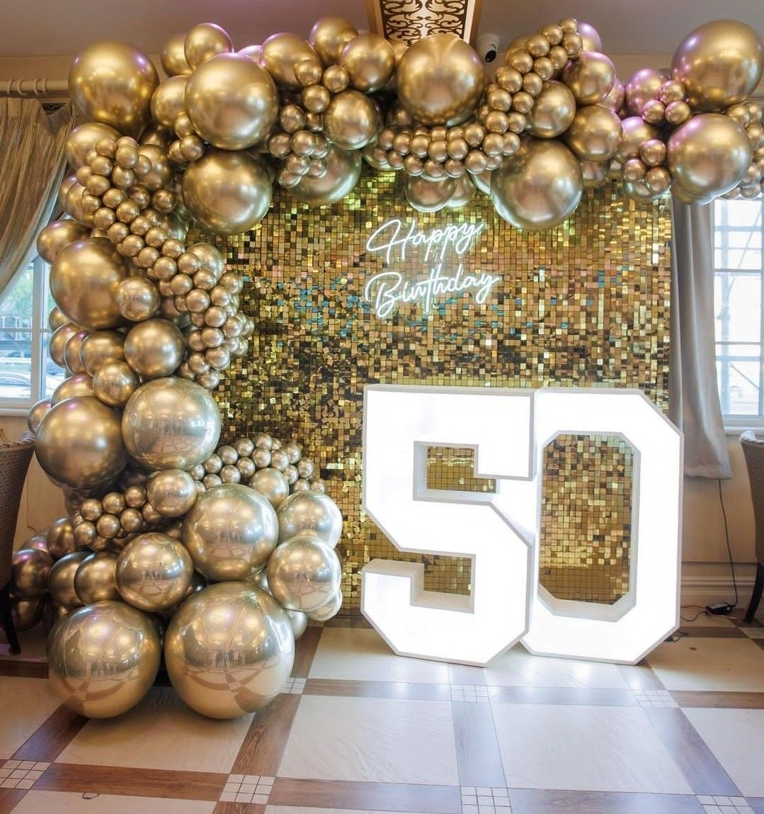 Gold Shimmer Wall Setup with Gold Balloon Display and LED Marquee ‘50’ Numbers and LED Acrylic ‘Happy Birthday’ Lights - Perfect for any Celebration