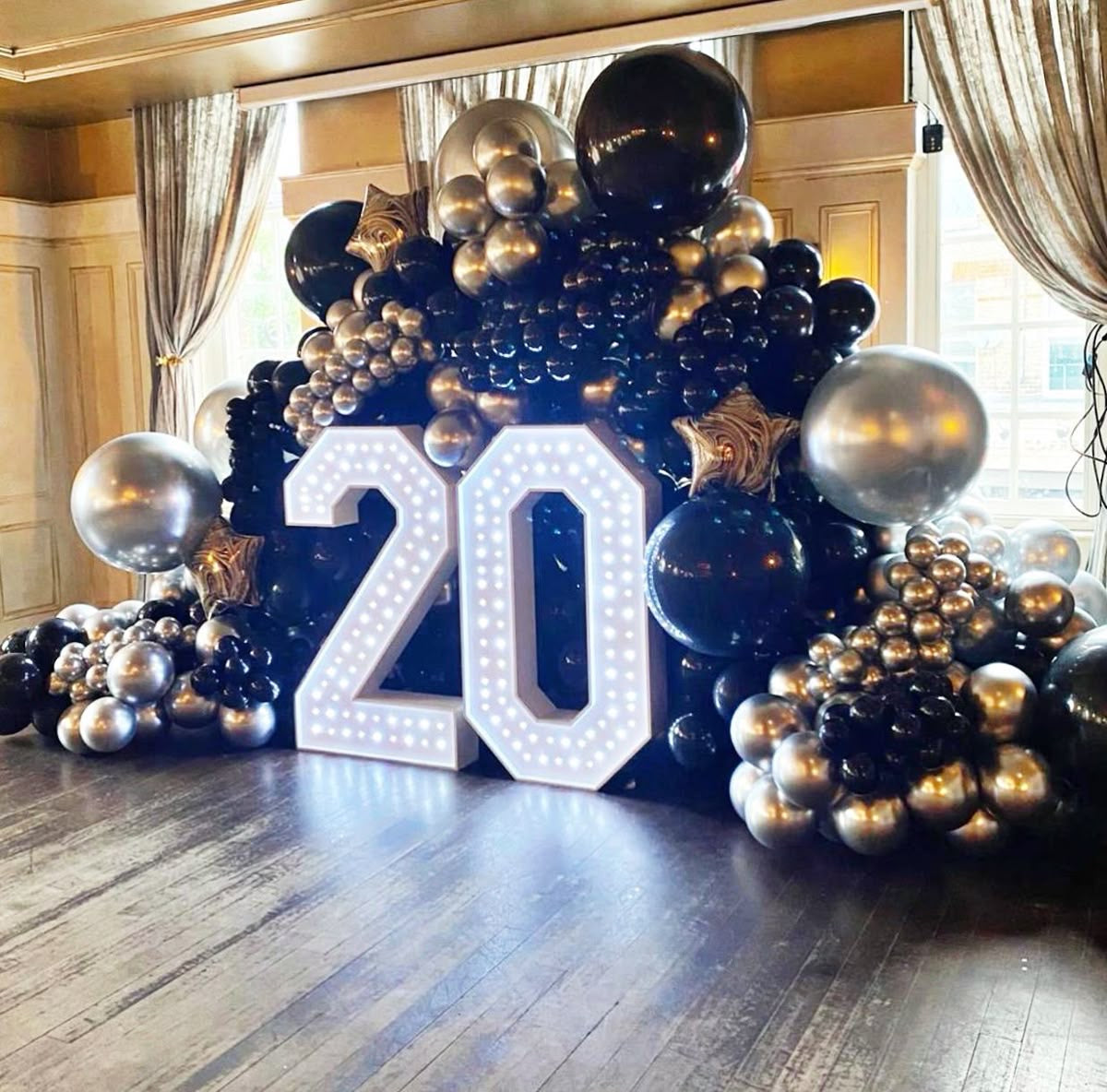Balloon Wall Black and Light Gold with Star Foil Accent Decor with LED Marquee ‘20’ Number Setup - Perfect for special occasions