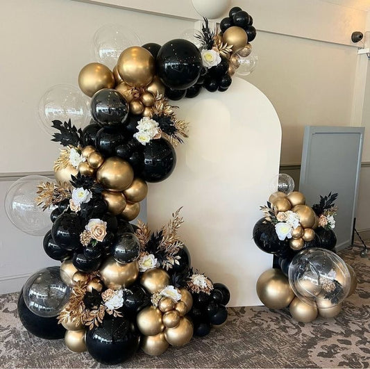 Customizable KT Board Backdrop with Balloon Gold and Black with Flowers Decor Setup - Perfect for special occasions