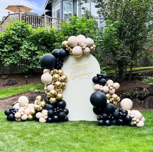 Customizable KT Board Backdrop with Balloon Dust White, Black and Gold Decor with LED Acrylic ‘Happy Birthday’ Setup - Perfect for special occasions