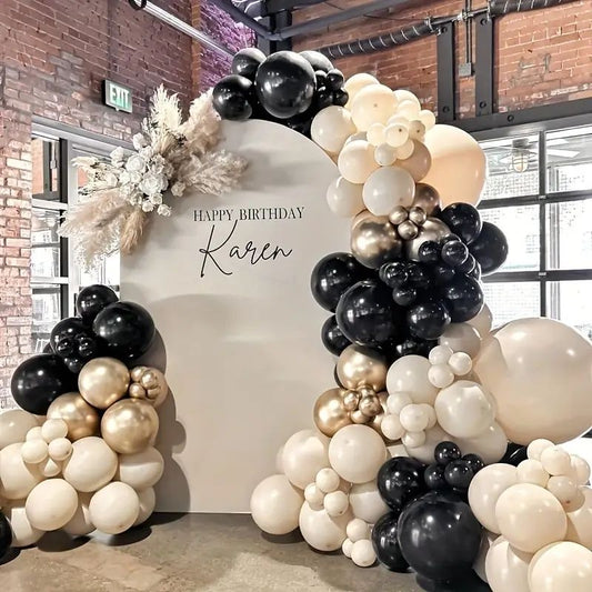 Customizable KT Board Backdrop with Balloon Black, Dust White and Gold Decor with Artificial Flower Boho-Themed Setup - Perfect for special occasions