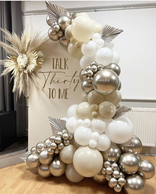 Customizable KT Board Backdrop with Balloon Dust White, White and Light Gold Decor with Artificial Flower Boho-Themed Setup - Perfect for special occasions