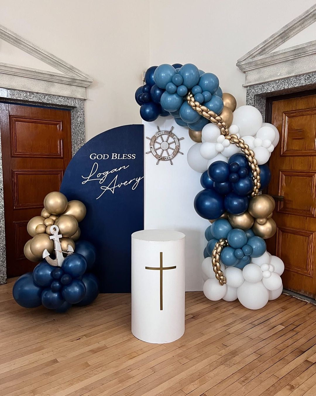 Customizable KT Board with Balloon Blue and Gold Decor with 1 White Cake Stand Setup - Perfect for special occasions