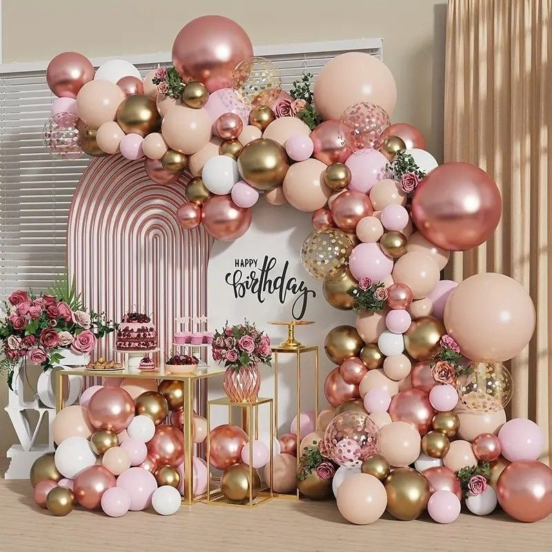 Customizable KT Board Backdrop with Balloon Pink, Rose Gold and Gold Decor with Flower Accents Setup - Perfect for special occasions