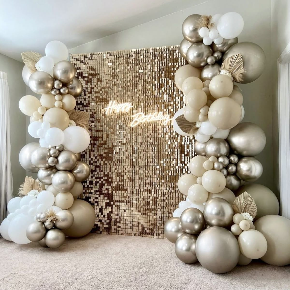 Gold Shimmer Wall Setup with Balloon Light Gold, White and Beige Decor with LED Acrylic ‘Happy Birthday’ Lights and Artificial Flowers Boho-Themed - Perfect for any Celebration