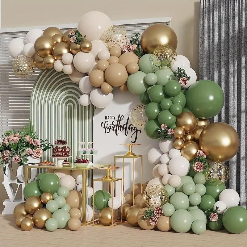 Customizable KT Board Backdrop with Balloon White, Dust White, Beige, Green, Mint Green and Gold Decor with Flower Accents Setup - Perfect for special occasions