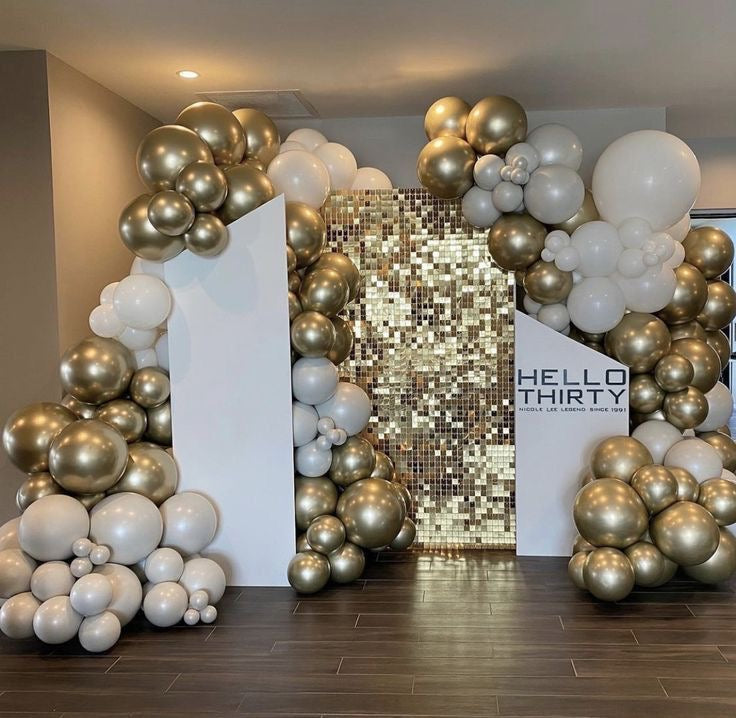 Gold Shimmer Wall Setup with Customizable KT Board, Balloon Gold White and Dust White Decor Setup - Perfect for any Celebration