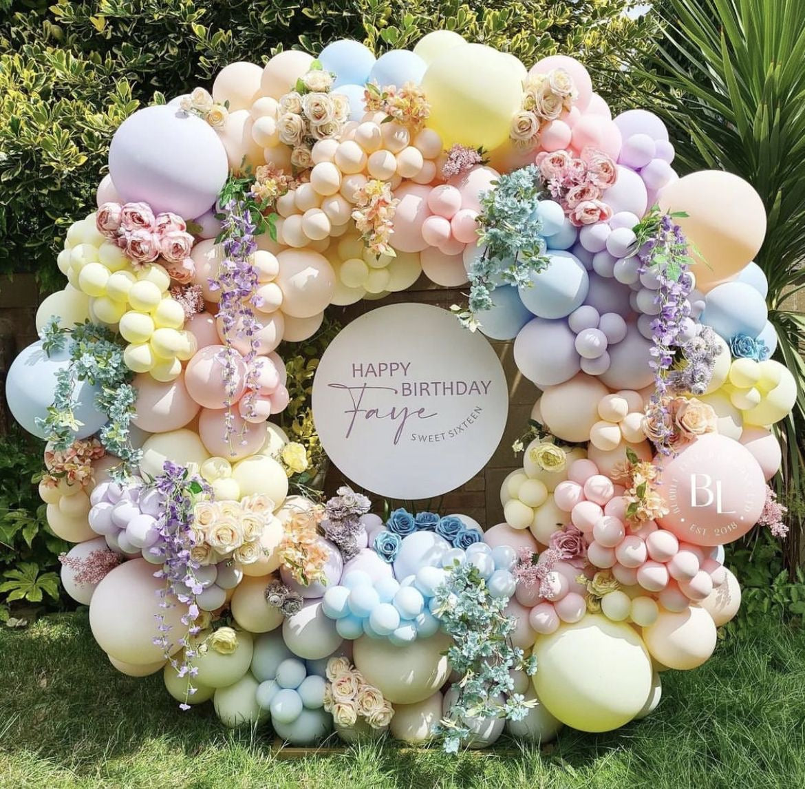 Round Balloon Pastel Pink, Yellow, Orange, Blue and Purple Chain with Flowers Accents Decor and Customizable Circle KT Board Setup - Perfect for special occasions