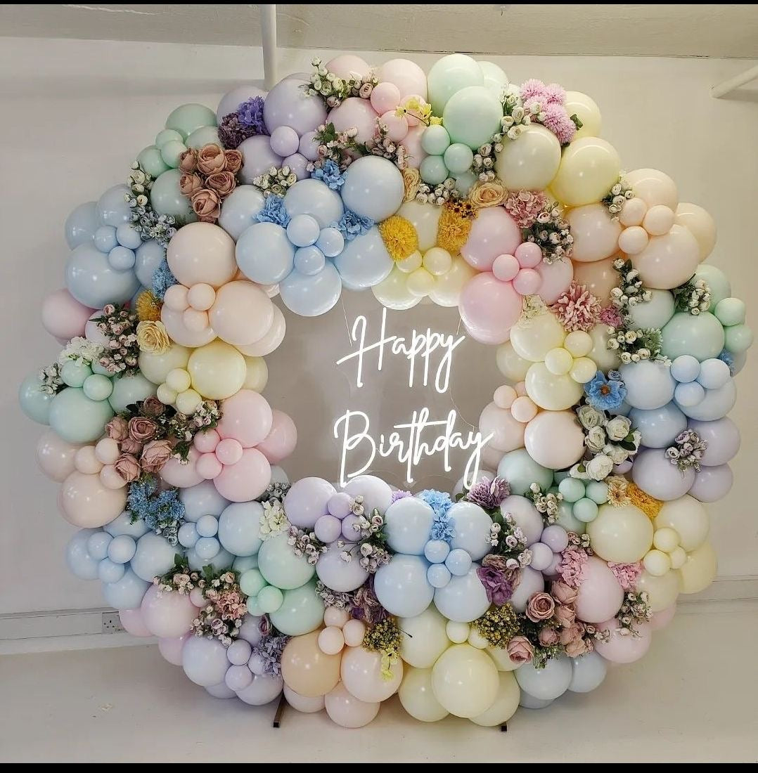 Round Balloon Pastel Pink, Blue, Yellow, Green and Purple Colors Decor with Flowers and LED Acrylic “Happy Birthday” Lights Setup - Perfect for special occasions