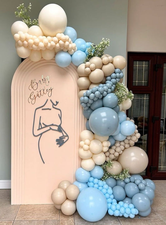 Customizable KT Board Backdrop with Balloon Blue, Sand and Dust White with Flowers Accents Decor Setup - Baby Shower Perfect for special occasions